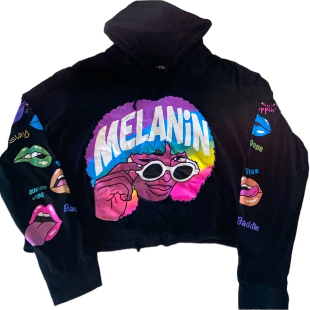 On fire melanin cropped long sleeve hooded top size Large